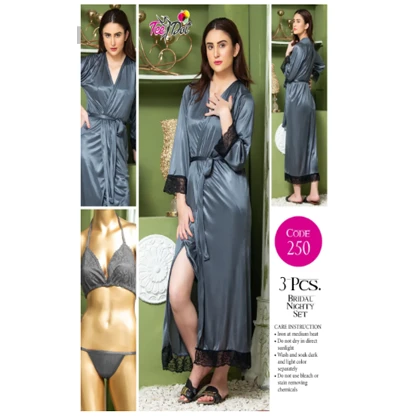 Tee Dot Viscose 3-Pieces Bridal Nightwear For Girls & Women – Grey price in Pakistan