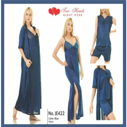 Two Hearts 4 Piece Silk Nightwear & Lingerie For Girls & Women – Blue price in Pakistan