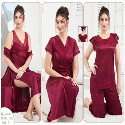 Silky Nights 4-Pieces Bridal Nightwear With Lace Work For Girls & Women – Purple price in Pakistan