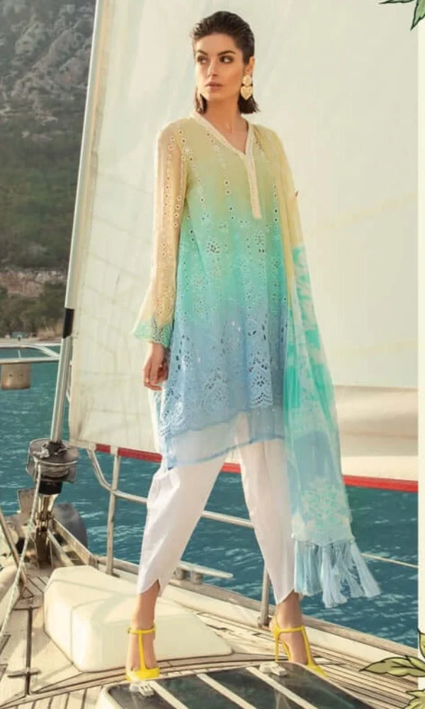 Maria.B – 3PC Lawn Heavy Embroidered Chikankari Work With Printed Chiphon Dupatta price in Pakistan