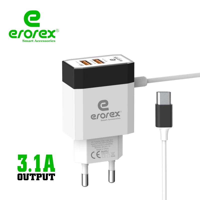 Erorex High Quality – Ultra Fast charger 3.1 Ampere with Dual usb ports  Model RC-15 price in Pakistan