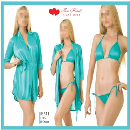 Two Hearts 3 Pieces Silk Nightwear & Lingerie with Short Gown for Women & Girls – c green price in Pakistan