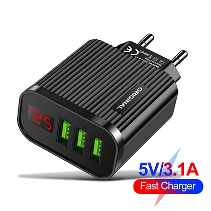 3 Port USB Phone Charger 5V 3.1A Digital LED Display Travel Wall Charger Adapter for iPhone Samsung Xiaomi EU Plug price in Pakistan