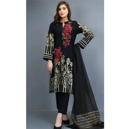 3Pc Lawn Neckline Embroidered Shirt with Printed Chiffon Dupatta (D) price in Pakistan