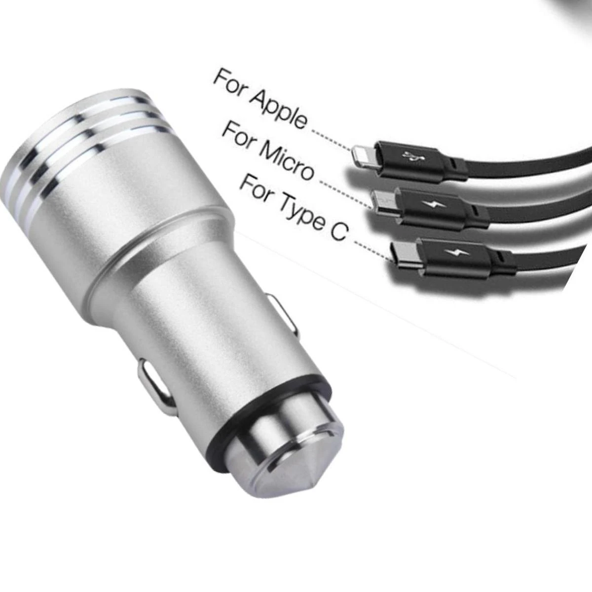 Car Charger Metal Dual USB Port 2.1A Fast + Safety Hammer with 3 in one charging cable Type ciosmicro usb (Android ) price in Pakistan