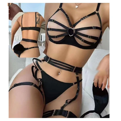4 Pcs Set Club Party Sexy Steel Ring Rabbit Ear Bunny Girl Fur Ball Rabbit Tail Sexy Lingerie Strap Bra Set price in Pakistan