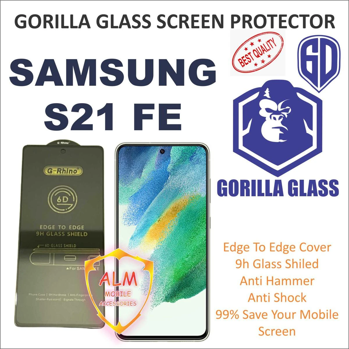 SAMSUNG S21 FE GORILLA Glass Screen Protector Full Edge Cover TOP QUALITY  6D FULL EDGE GLASS PROTECTOR price in Pakistan
