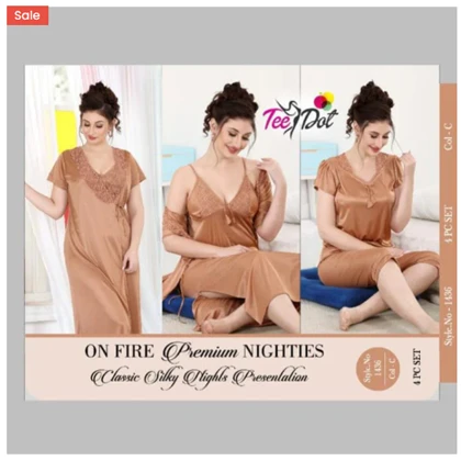 Tee Dot 4-Pieces Embroidery Bridal Nightwear With Side Knot For Girls & Women -Brownish Pink price in Pakistan