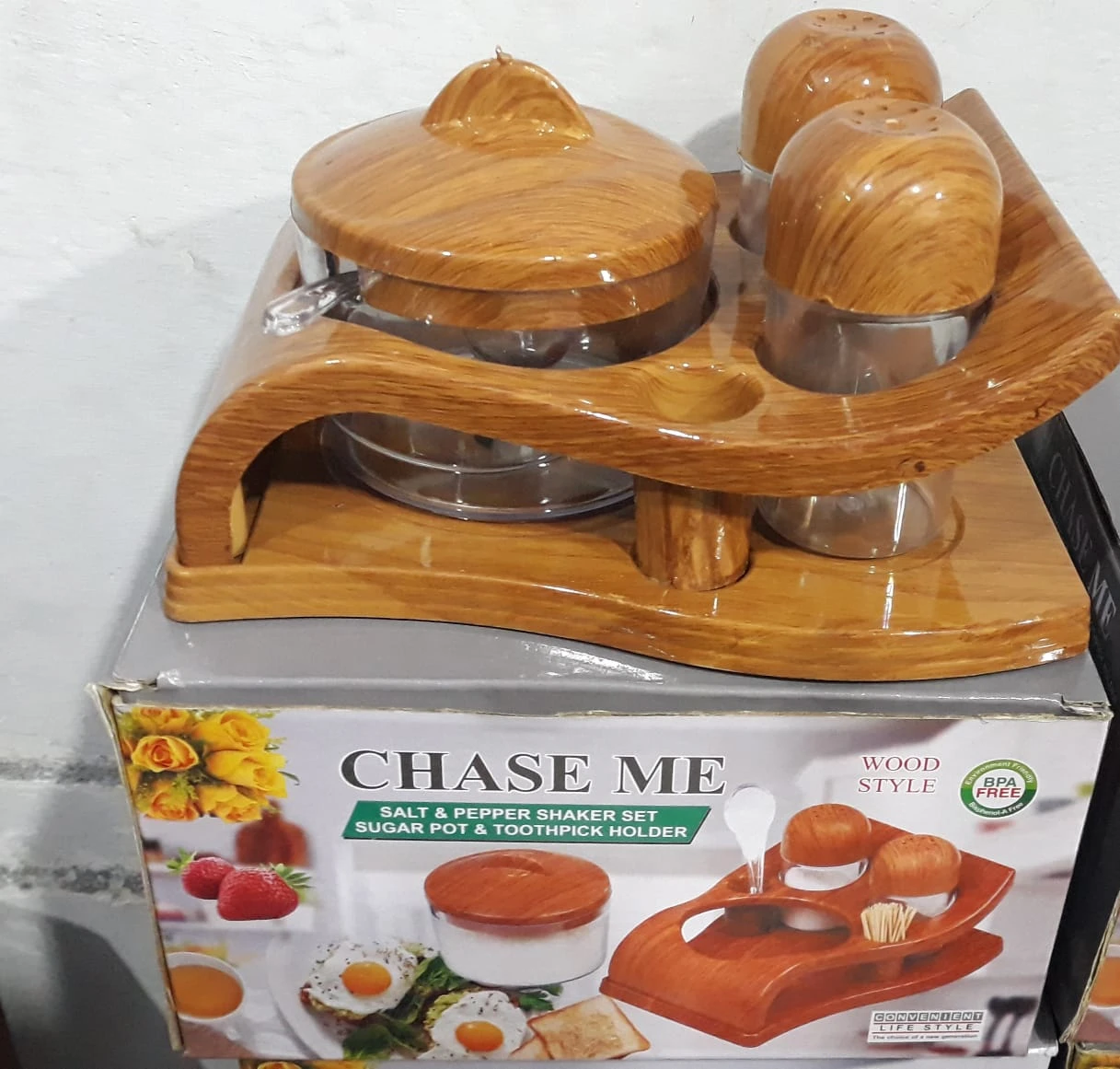 NEW WOOD STYLE SALT & PAPPER SHAKER SET SUGAR POT & TOOTHPICK HOLDER price in Pakistan