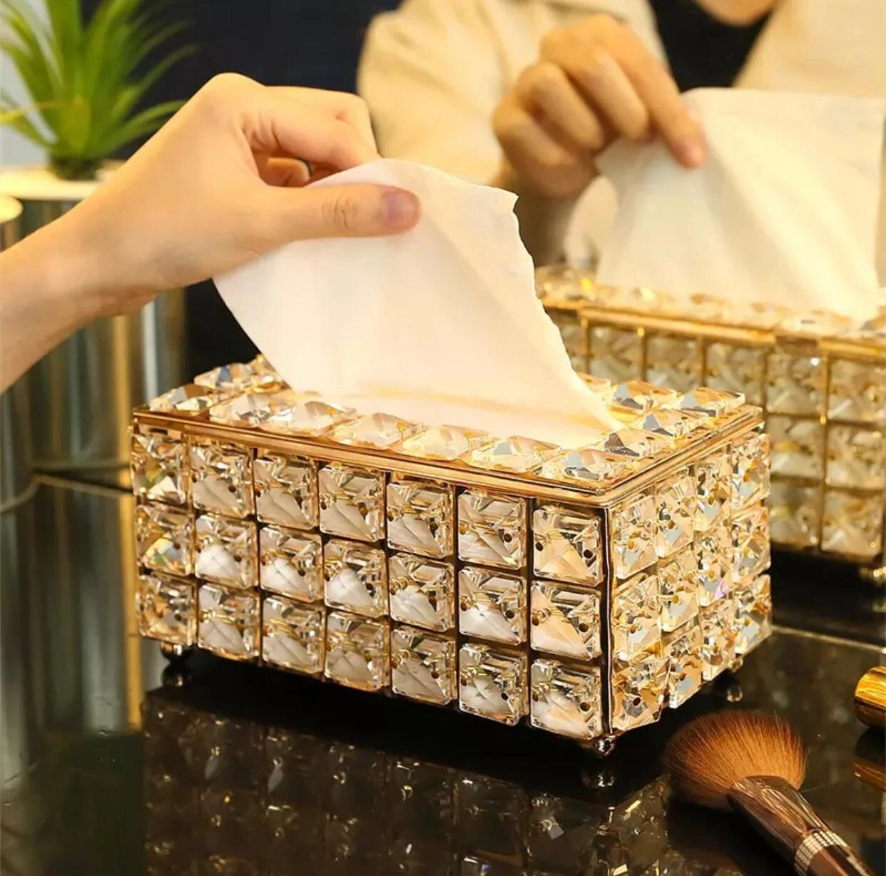 Fancy Golden Tissue Box luxury Crystal Stones Box For Vanity Dresser Table Home Decor (Gold) price in Pakistan