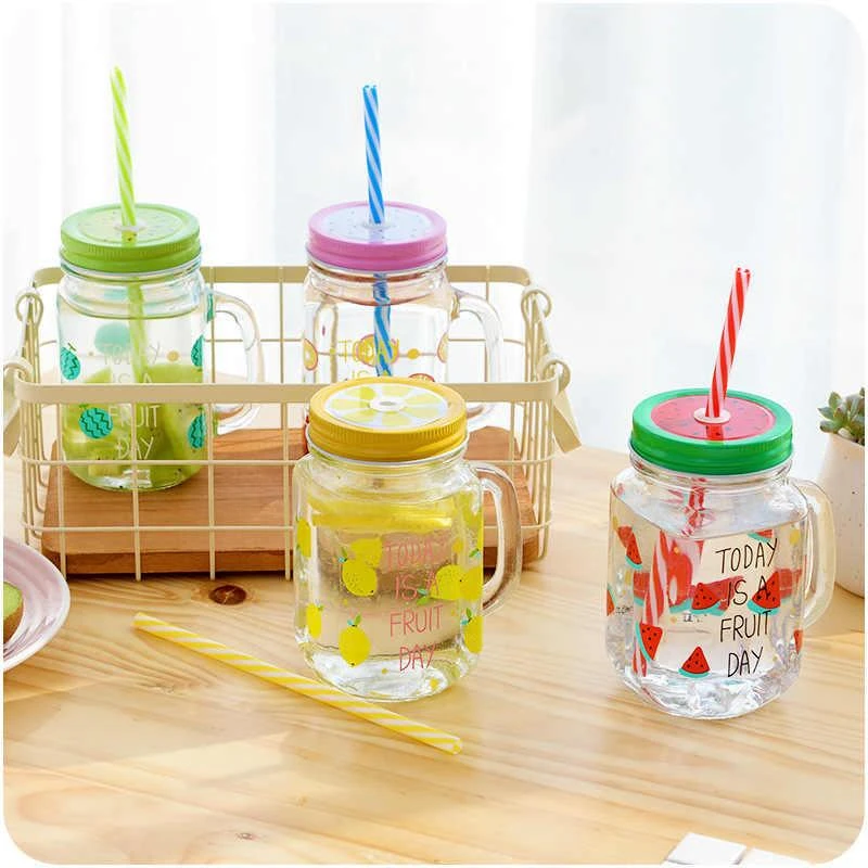 Multicolor Heat Resistant Fruity Glass Mason Jar Mugs Fruit Juice Cups with Lid and Straw For Milk, Milkshakes Juices 480 ml price in Pakistan