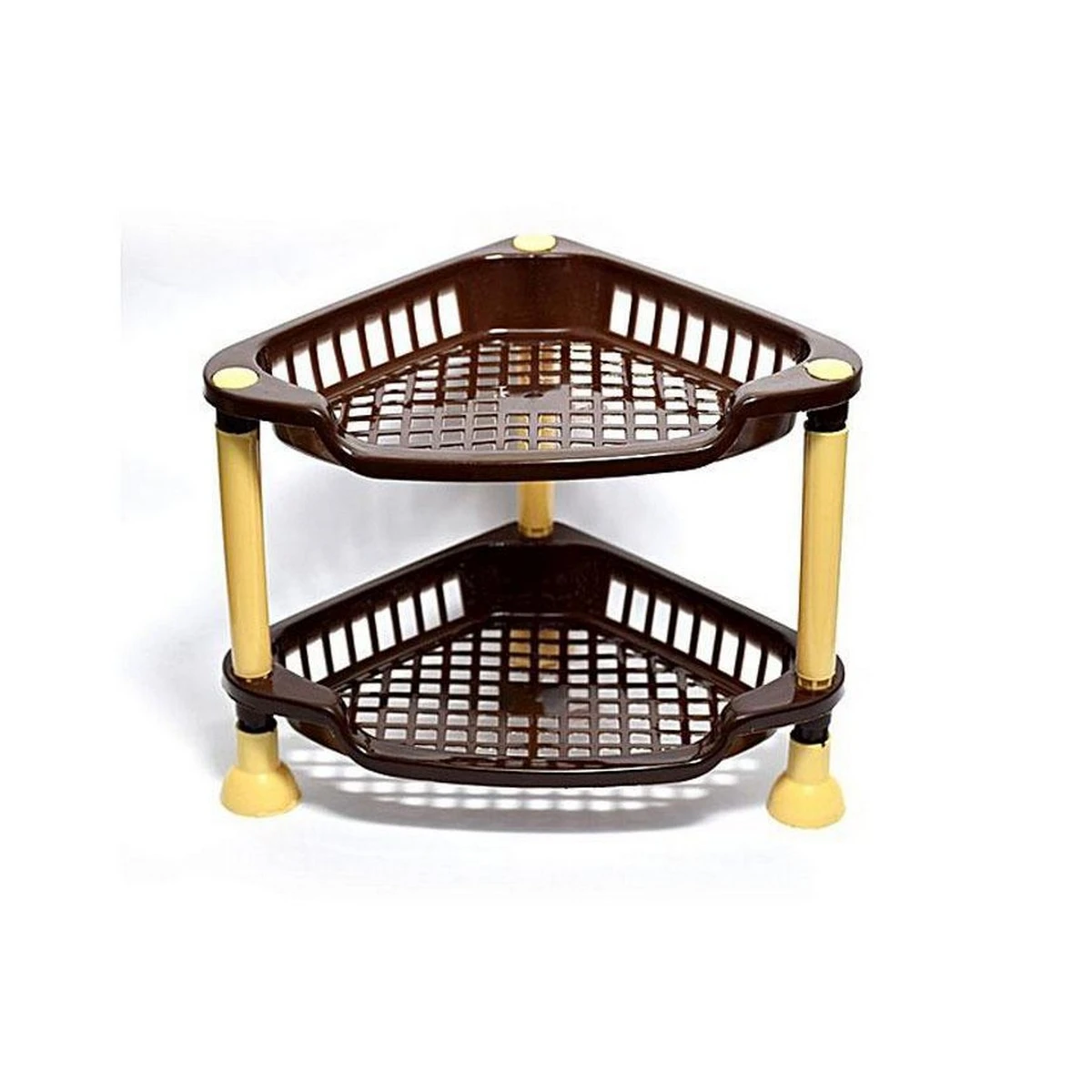 2 Layer Triangular V Shaped Plastic Storage Holder Rack – Kitchen Bathroom Cosmetics Corner Shelf – Random Color price in Pakistan