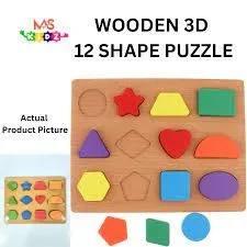 Wooden Puzzle Geometric Shapes  Twelve 12 Shape  3D Puzzle Montessori Toys Sorting Math Preschool Learning Wood Puzzles Toys For Kids 3D Shapes  3D Wooden Boards  Wooden Shape Plate  Shapes Plate  3D board for kids  Kid’s shapes board  Kids Shapes price in Pakistan