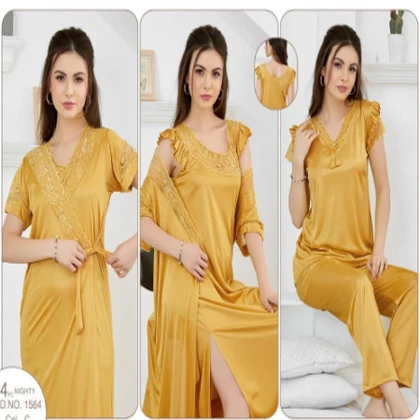 Silky Nights 4-Pieces Embroidery Bridal Nightwear With Side Knot For Girls & Women – Yellow price in Pakistan