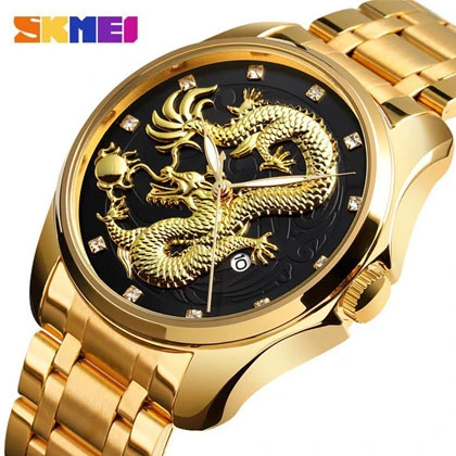SKMEI Fashion Business Dragon Luxury Gold Stainless Steel Waterproof Quartz Watches for Men 9193 price in Pakistan
