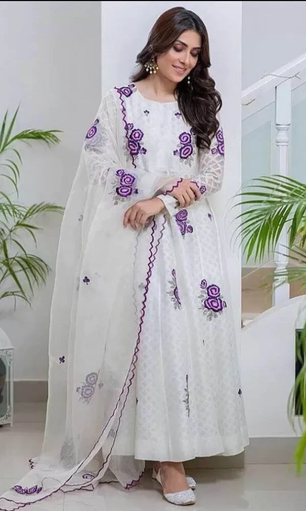 Ayeza Khan-3PC Lawn Embroidered Shirt With Embroidered Bamber Chiffon Dupatta price in Pakistan