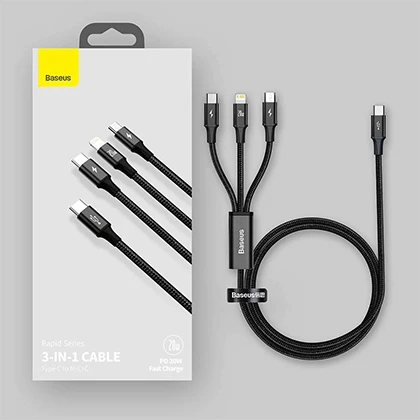 Baseus Rapid Series 3-in-1 Fast Charging Data Cable Type-C to M+L+C PD 20W price in Pakistan