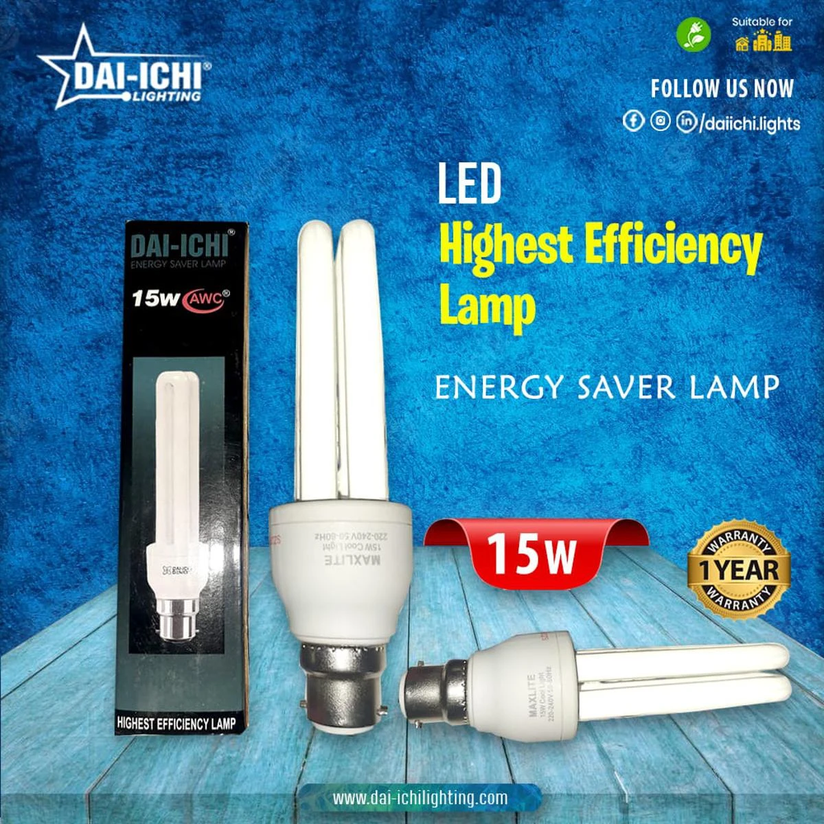 15W ENERGY SAVING LAMP DAIICHI PIN TYPE B22 WHITE price in Pakistan