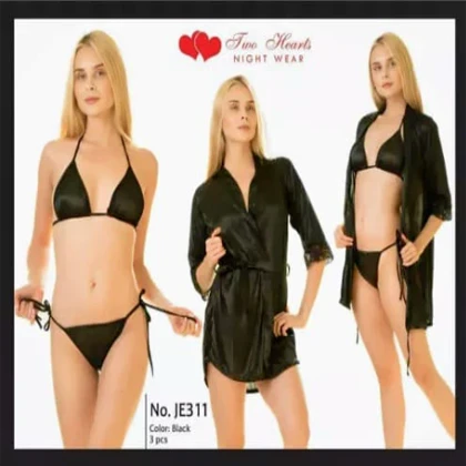 Two Hearts 3 Pieces Silk Nightwear & Lingerie with Short Gown for Women & Girls – Black price in Pakistan