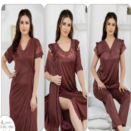 Silky Nights 4-Pieces Embroidery Bridal Nightwear With Side Knot For Girls & Women – Chocolate price in Pakistan