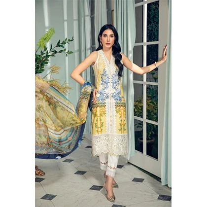 3PC Neckline Embroidered Shirt with Printed Chiffon Dupatta (D) price in Pakistan