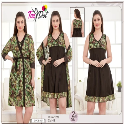 Tee Dot Silk 2-Pieces Printed Bridal Nightwear With Gown For Girls & Women – Brown price in Pakistan