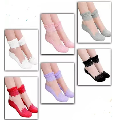 Pack of 4 Women’s Ultrathin Transparent Beautiful Crystal Silk Lace Net Elastic Short socks price in Pakistan