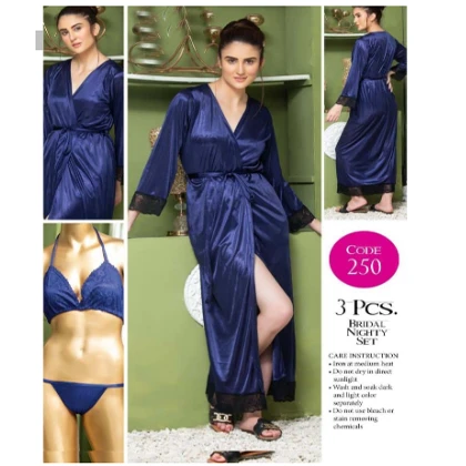 Tee Dot Viscose 3-Pieces Bridal Nightwear For Girls & Women – Blue price in Pakistan