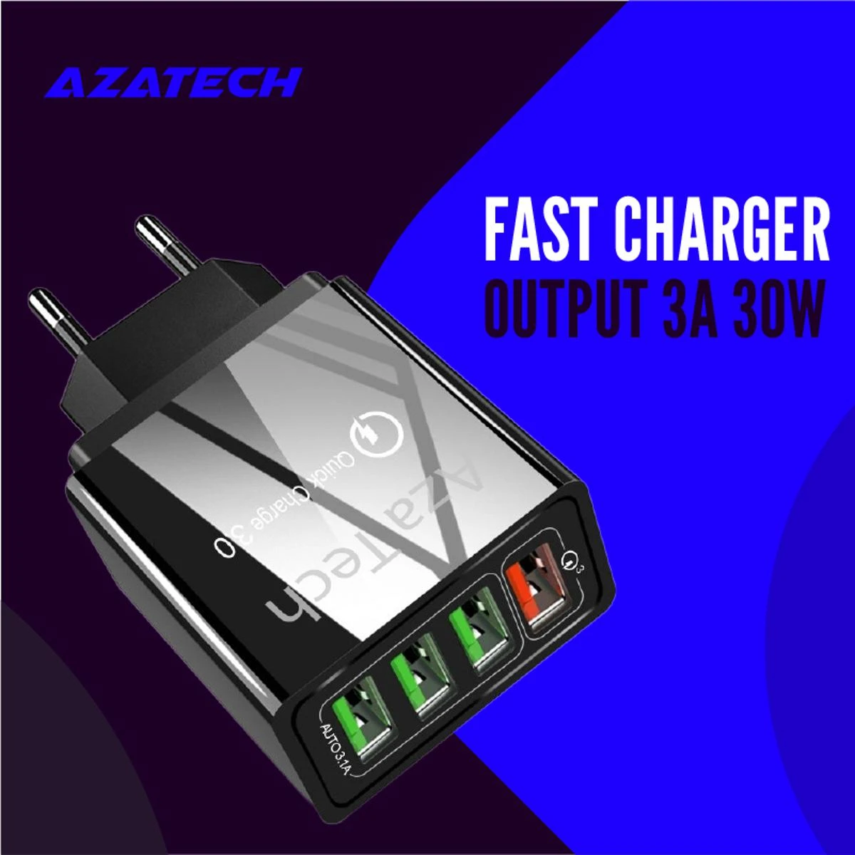 AzaTech QC 3.0 Fast Charger With 4 USB Port 3A 30W Quick Charge For All Brands – Black price in Pakistan