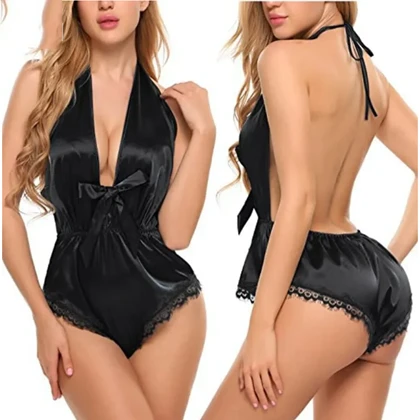 Baby Doll Lingerie Teddy Deep V Halter Jumpsuit Rompers – Black price in Pakistan