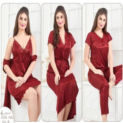 Silky Nights 4-Pieces Bridal Nightwear With Lace Work For Girls & Women – Maroon price in Pakistan