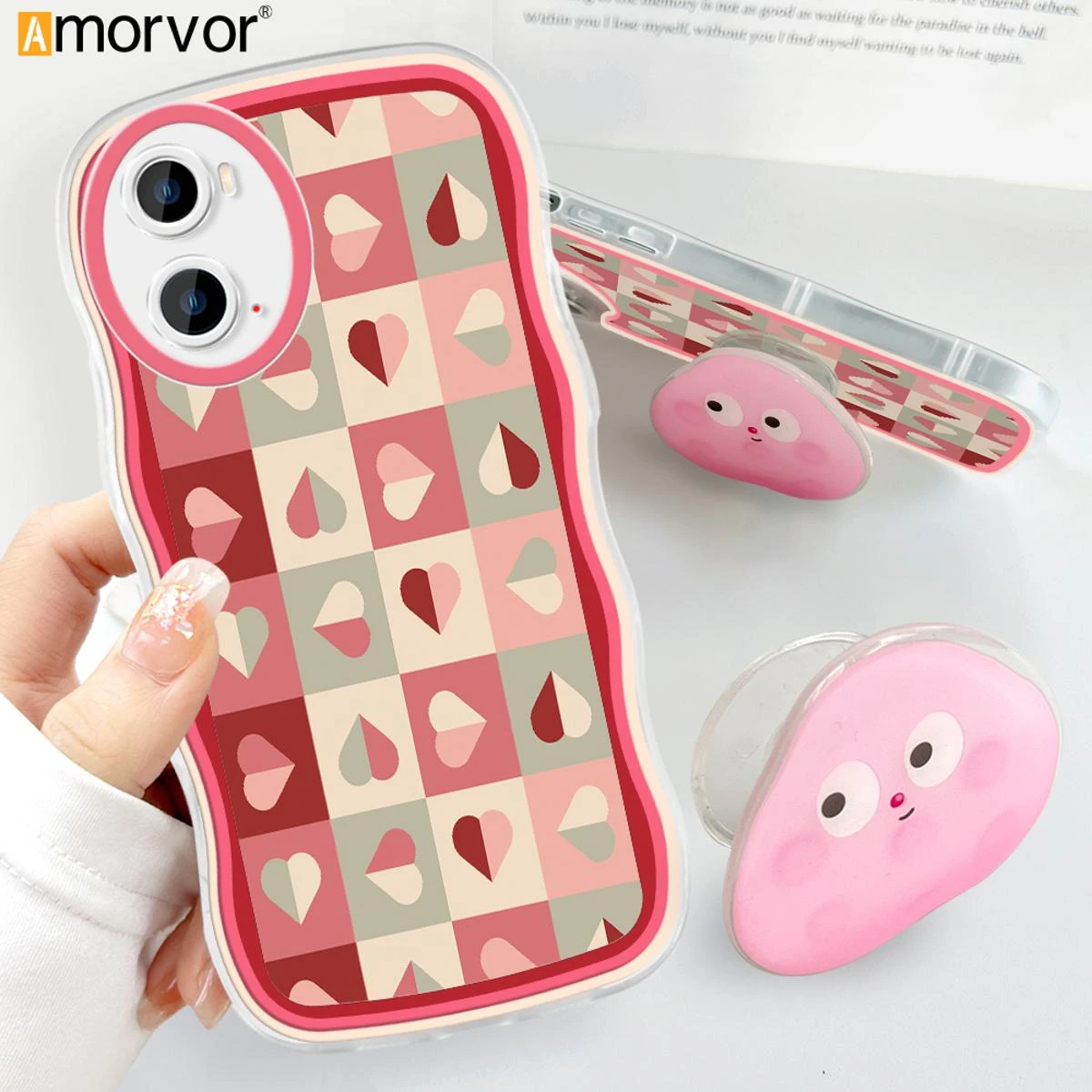 OPPO A76  A36 Back Cover (With Free Holder) Love Heart Soft Wavy Phone Case Camera Protection Transparent TPU Soft Cover price in Pakistan