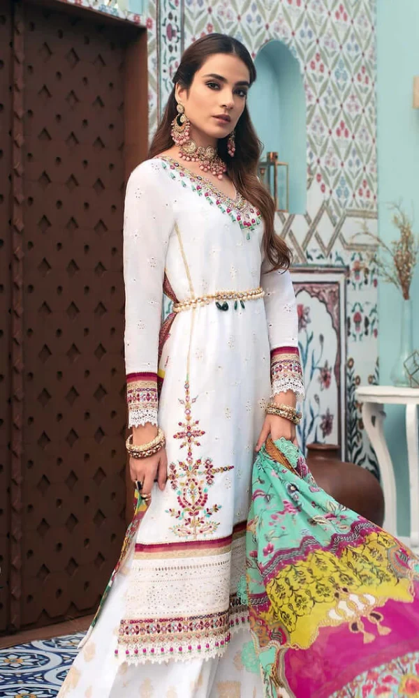 Maria.B – 3PC Lawn Heavy Embroidered Chikankari Work With Printed Chiphon Dupattaa price in Pakistan
