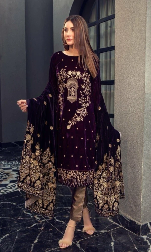DC-3PC Velvet 5,000 Micro Embroidered Shirt With Embroidered Velvet Shawl price in Pakistan