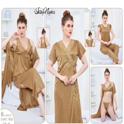 Silky Nights 6-Pieces Lace Work Bridal Nightwear With Side Knot For Girls & Women – Golden price in Pakistan