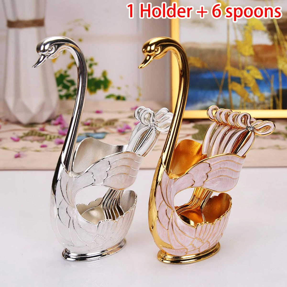 Dining Table+6 Pcs Spoons Tableware Spoon Set Stainless Steel Fruit Cake Coffee Tea Spoon Swan Holder Cutlery Decor price in Pakistan