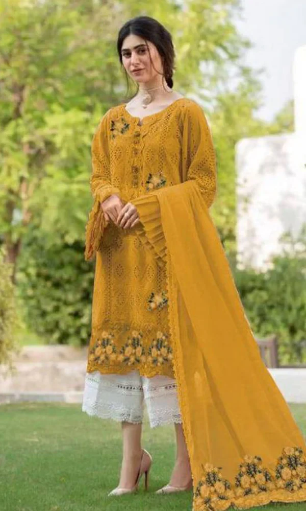 Maria B 3PC Lawn Chicken Kari Heavy Embroidered Shirt With Bamber Chiffon Embroidered Dupatta price in Pakistan