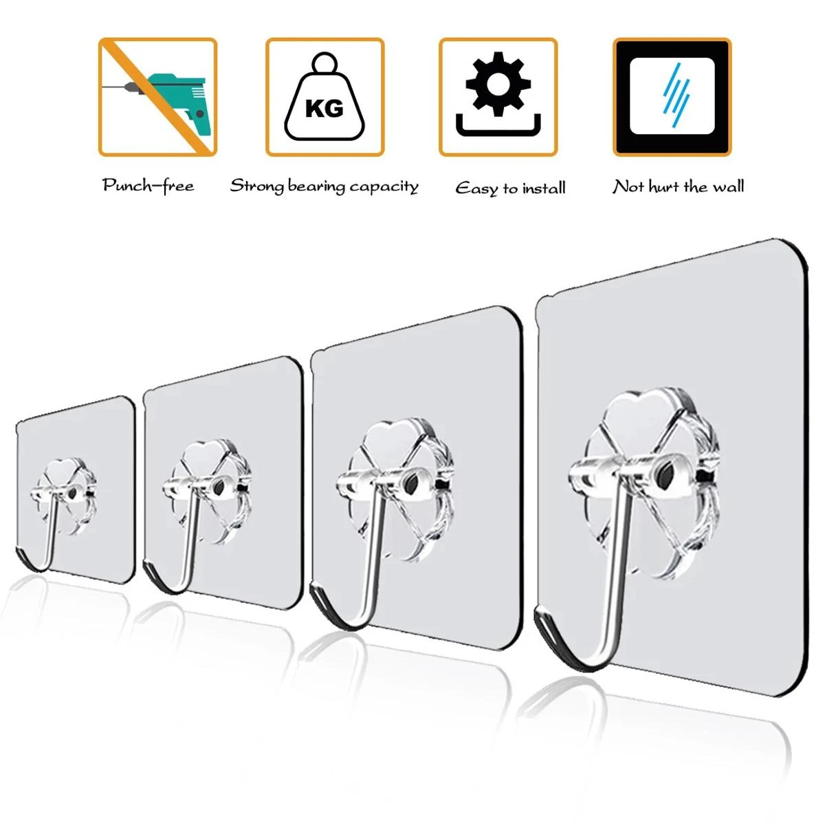 Pack of 4 Hooks Transparent Strong Self Adhesive Door Wall Hangers Hooks Heavy Load Rack Cup holder for Kitchen Bathroom price in Pakistan