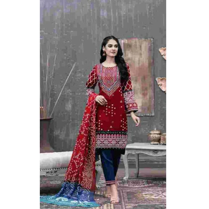 3Pc Lawn Neckline Embroidered Shirt with Printed Chiffon Dupatta (D) price in Pakistan