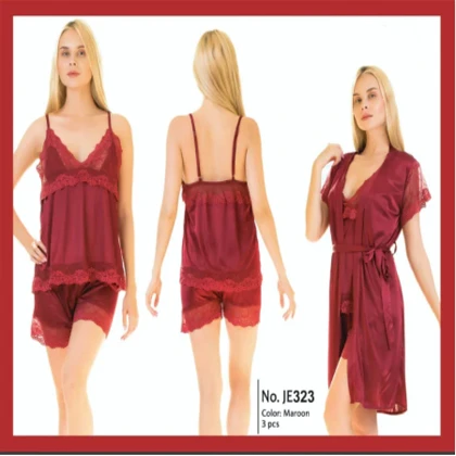 Two Hearts 3 Pieces Silk Nightwear & Lingerie Women & Girls – Maroon price in Pakistan
