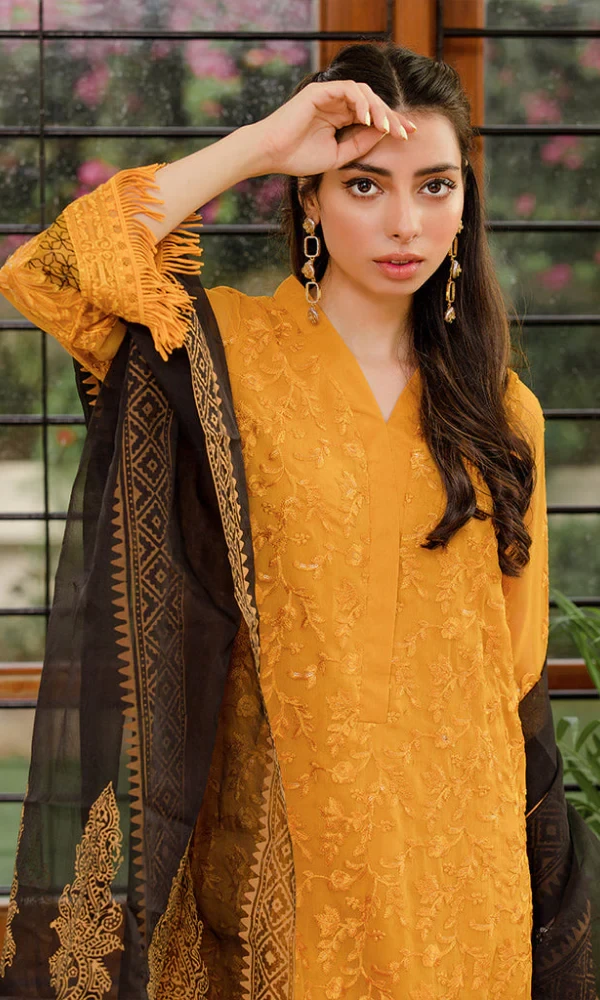 Fascino Saffron – 3PC Lawn Embroidered Shirt With Embroidered price in Pakistan