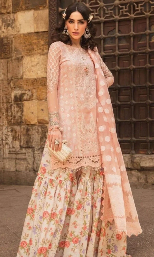 Maria.b – 3PC Lawn Neckline Embroidered Shirt With Printed Chiffon Dupatta price in Pakistan
