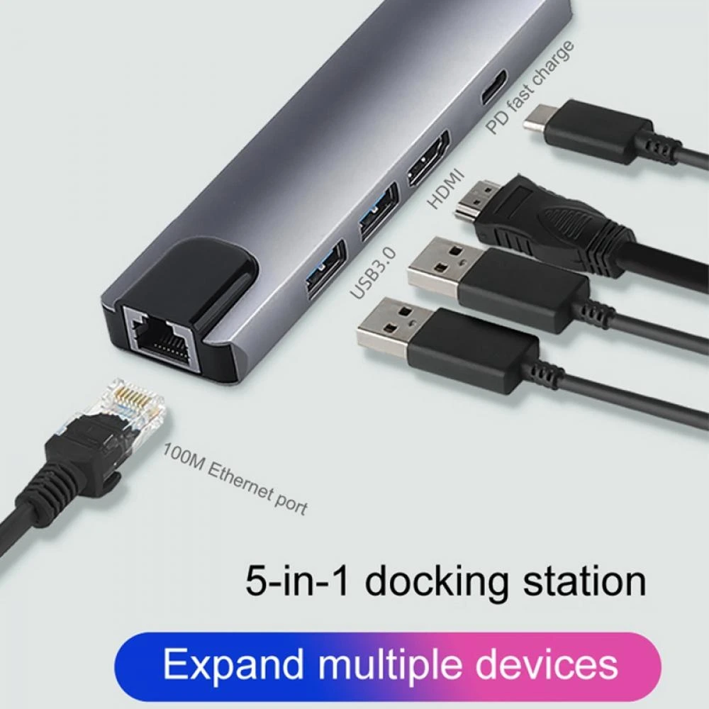 Type C to 5 In 1 HUB (LAN + TYPE-C + HDMI + USB3.02)  Type C Convertor 5 in 1  5 in 1 Hub price in Pakistan
