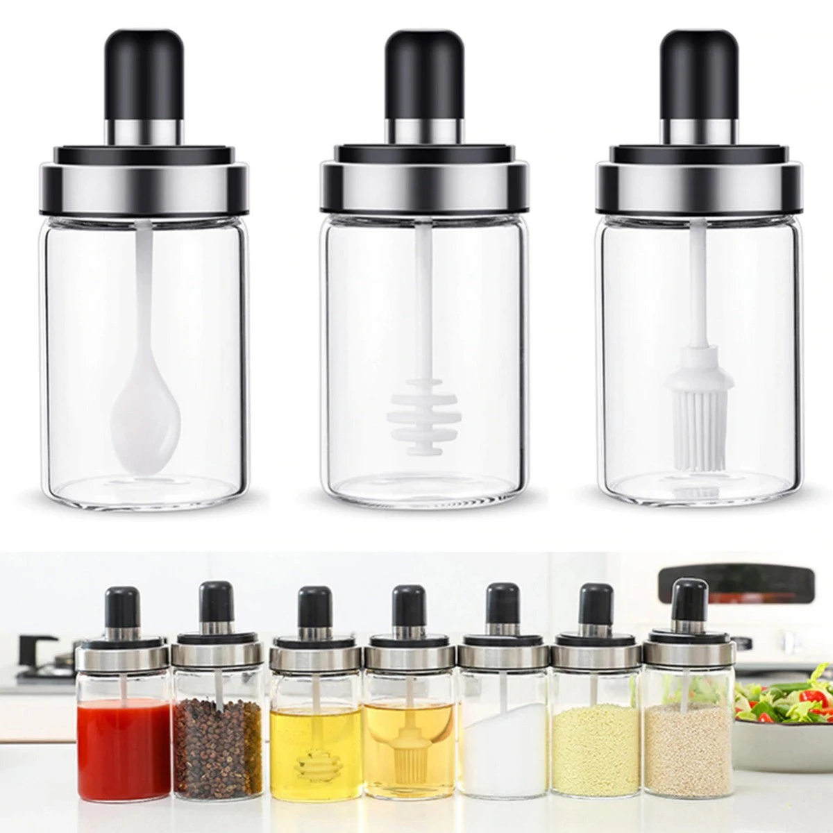 Kitchen Glass Seasoning Bottle Spice jar with spoon,brush and honey lid price in Pakistan