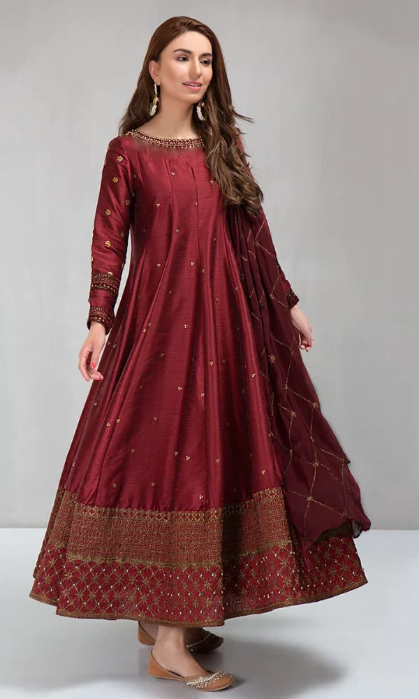 MARIA B. – 3PC Kataan Silk Heavy Embroidered Frock With Bamber Embroidered Dupatta price in Pakistan