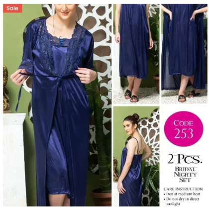 Tee Dot Viscose 2-Pieces Bridal Nightwear With Gown For Girls & Women – Blue price in Pakistan