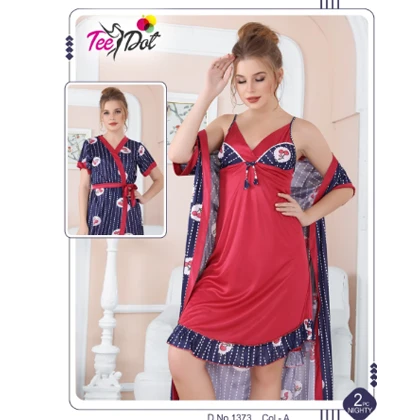 Tee Dot Silk 2-Pieces Printed Bridal Nightwear With Gown For Girls & Women – Blue price in Pakistan