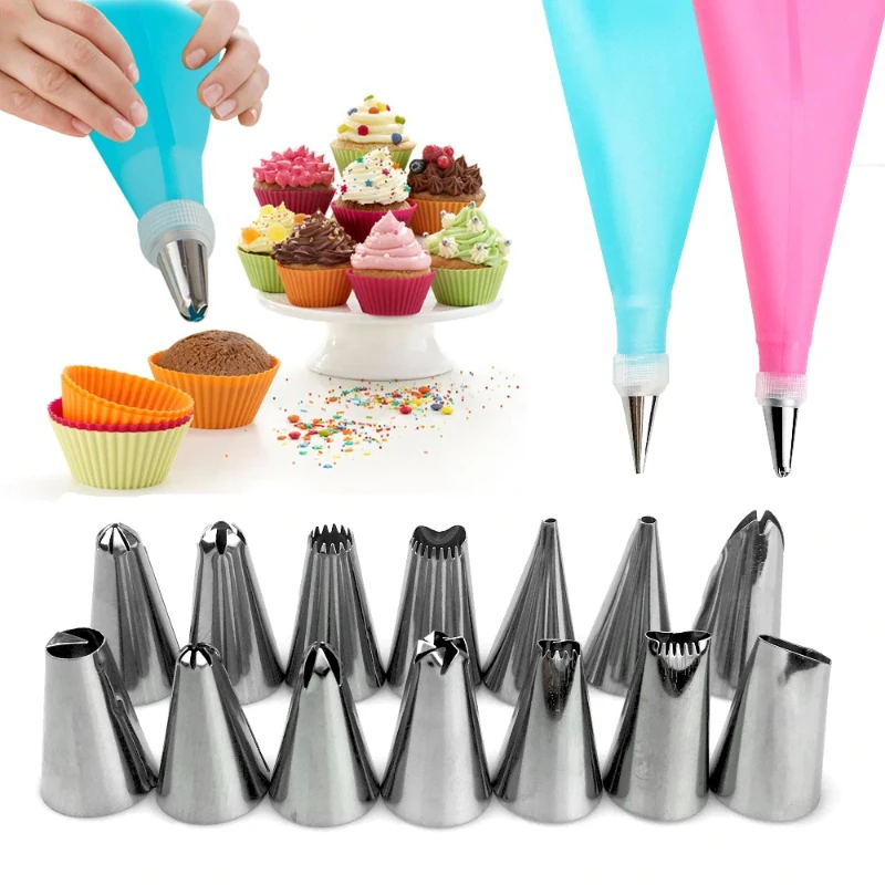 Cakeware 14 Piece Cake Decorating Set Frosting Icing Piping Bag Tips With Steel Nozzles price in Pakistan