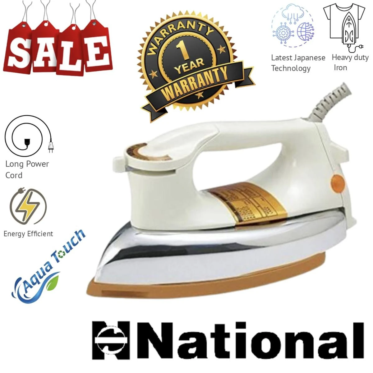 NATIONAL IRON NI-21AWT DRY IRON GOLDEN SOLEPLATE  MADE IN JAPAN  ONE YEAR WARRANTY  NATIONAL AUTOMATIC ELECTRIC IRON  HEAVY DUTY price in Pakistan