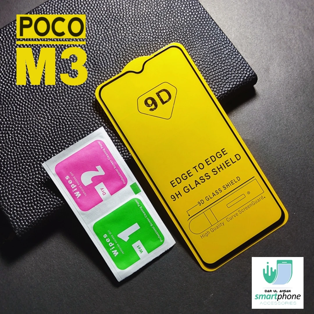 Poco M3 – 100% Original Full coverage 9D Tempered Glass Screen Protector – With cleaning wipes price in Pakistan